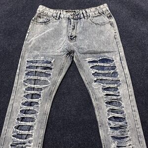 Y2K City Ink Jeans Mens 30 Light Wash Blue Distressed Ripped Ladder Cutout Slim
